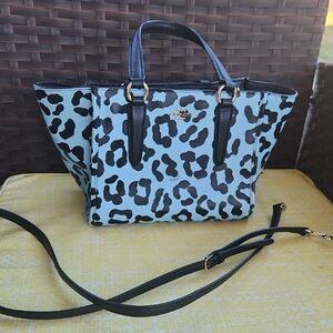 Coach Light Blue Leopard Print Tote with Black Trim
